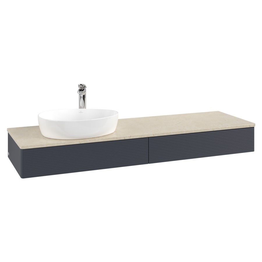 Élément inférieur  Antao
160 x 19 x 50 cm
2&nbsp;éléments de tiroir, 1&nbsp;tiroir chacune
lavabo à gauche
avec siphon gain de place
avec matériel de fixation
pour 1 lavabo à poser 101037/101039/234171
recouvrement Botticino, 1 trou pour robinet