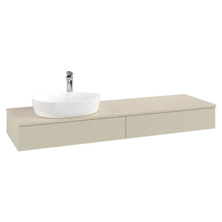 Élément inférieur  Antao
160 x 19 x 50 cm
2&nbsp;éléments de tiroir, 1&nbsp;tiroir chacune
lavabo à gauche
avec siphon gain de place
avec matériel de fixation
pour 1 lavabo à poser 101037/101039/234171
recouvrement Botticino, 1 trou pour robinet