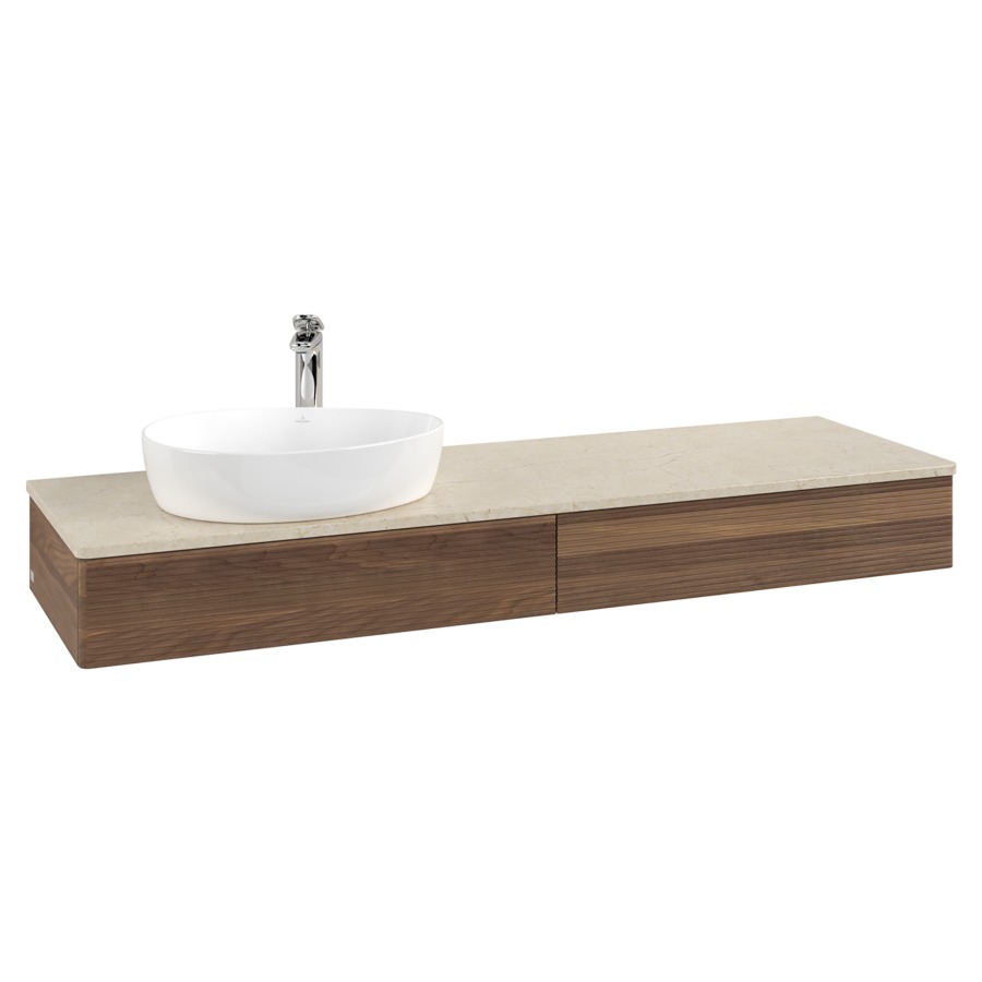 Élément inférieur  Antao
160 x 19 x 50 cm
2&nbsp;éléments de tiroir, 1&nbsp;tiroir chacune
lavabo à gauche
avec siphon gain de place
avec matériel de fixation
pour 1 lavabo à poser 101037/101039/234171
recouvrement Botticino, 1 trou pour robinet