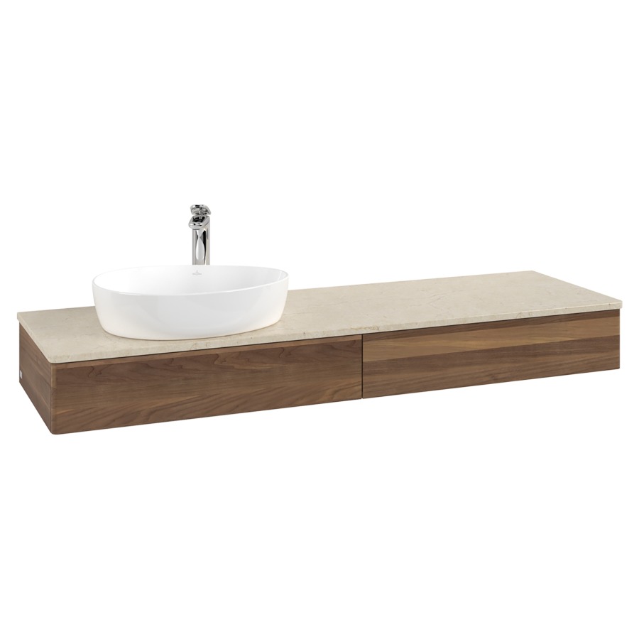 Élément inférieur  Antao
160 x 19 x 50 cm
2&nbsp;éléments de tiroir, 1&nbsp;tiroir chacune
lavabo à gauche
avec siphon gain de place
avec matériel de fixation
pour 1 lavabo à poser 101037/101039/234171
recouvrement Botticino, 1 trou pour robinet
