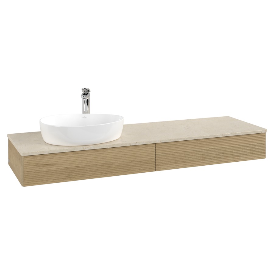 Élément inférieur  Antao
160 x 19 x 50 cm
2&nbsp;éléments de tiroir, 1&nbsp;tiroir chacune
lavabo à gauche
avec siphon gain de place
avec matériel de fixation
pour 1 lavabo à poser 101037/101039/234171
recouvrement Botticino, 1 trou pour robinet
