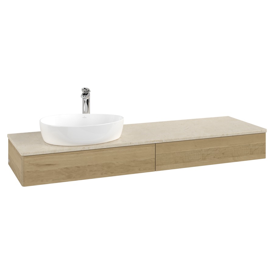 Élément inférieur  Antao
160 x 19 x 50 cm
2&nbsp;éléments de tiroir, 1&nbsp;tiroir chacune
lavabo à gauche
avec siphon gain de place
avec matériel de fixation
pour 1 lavabo à poser 101037/101039/234171
recouvrement Botticino, 1 trou pour robinet