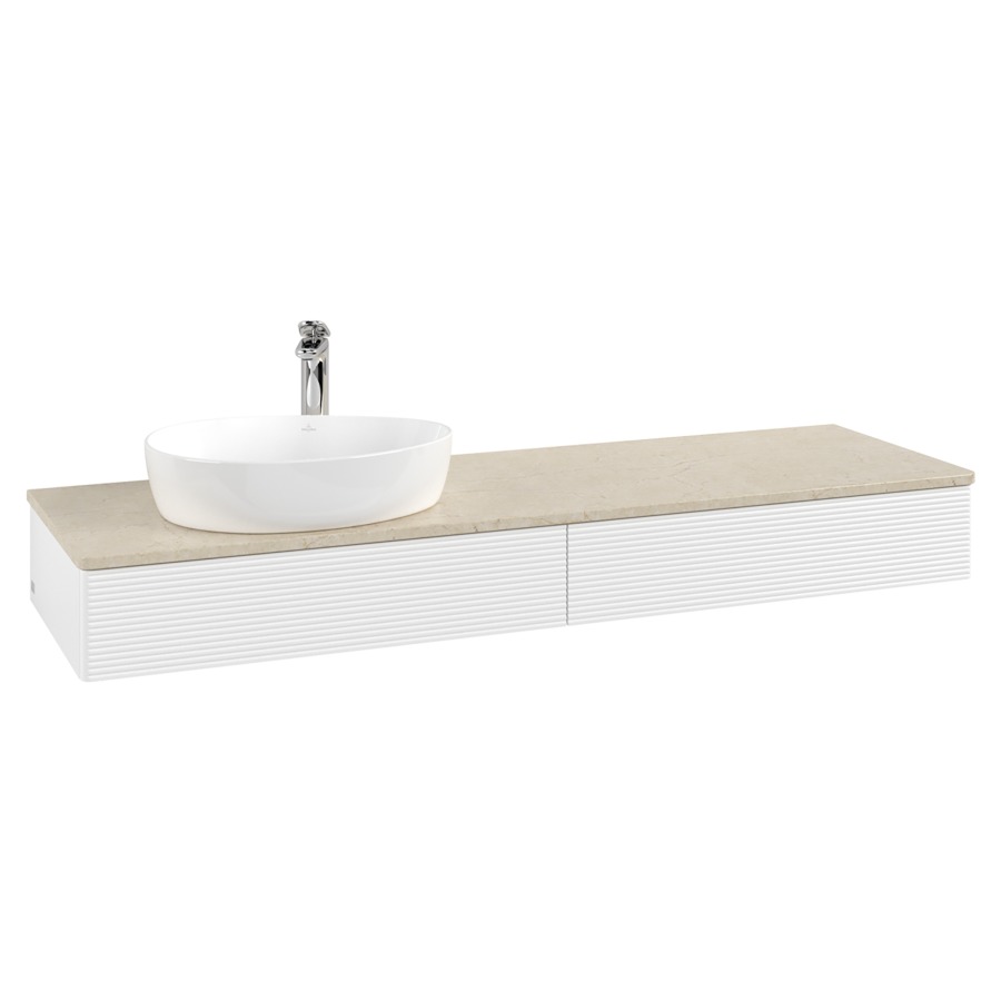 Élément inférieur  Antao
160 x 19 x 50 cm
2&nbsp;éléments de tiroir, 1&nbsp;tiroir chacune
lavabo à gauche
avec siphon gain de place
avec matériel de fixation
pour 1 lavabo à poser 101037/101039/234171
recouvrement Botticino, 1 trou pour robinet