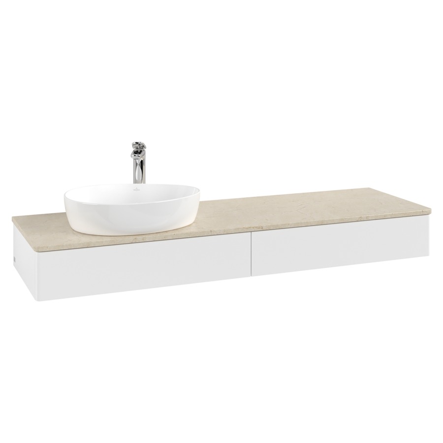 Élément inférieur  Antao
160 x 19 x 50 cm
2&nbsp;éléments de tiroir, 1&nbsp;tiroir chacune
lavabo à gauche
avec siphon gain de place
avec matériel de fixation
pour 1 lavabo à poser 101037/101039/234171
recouvrement Botticino, 1 trou pour robinet