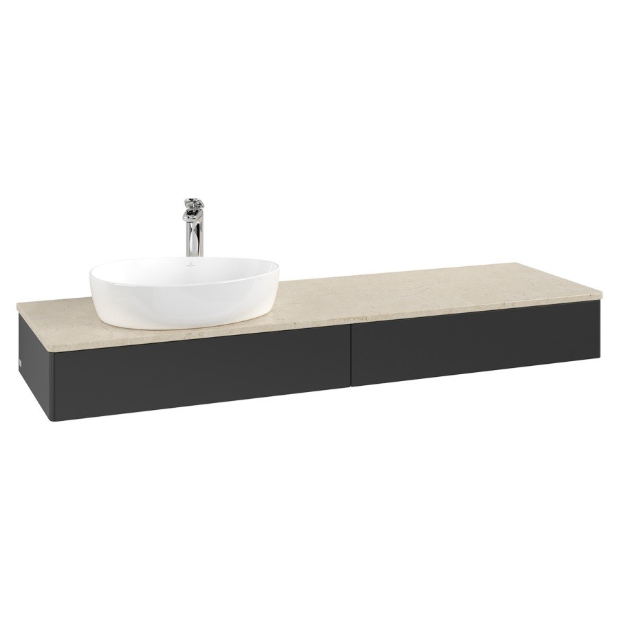 Élément inférieur  Antao
160 x 19 x 50 cm
2&nbsp;éléments de tiroir, 1&nbsp;tiroir chacune
lavabo à gauche
avec siphon gain de place
avec matériel de fixation
pour 1 lavabo à poser 101037/101039/234171
recouvrement Botticino, 1 trou pour robinet