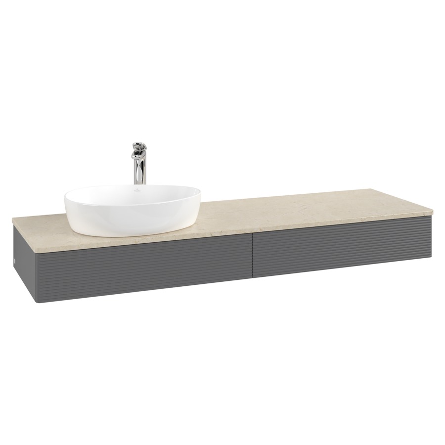 Élément inférieur  Antao
160 x 19 x 50 cm
2&nbsp;éléments de tiroir, 1&nbsp;tiroir chacune
lavabo à gauche
avec siphon gain de place
avec matériel de fixation
pour 1 lavabo à poser 101037/101039/234171
recouvrement Botticino, 1 trou pour robinet