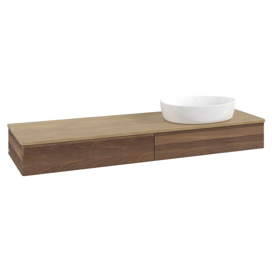 Élément inférieur  Antao
160 x 19 x 50 cm
2&nbsp;éléments de tiroir, 1&nbsp;tiroir chacune
lavabo à droite
avec siphon gain de place
avec matériel de fixation
pour 1 lavabo à poser 234171/234172/234173
recouvrement Honey Oak
sans trou pour robinet