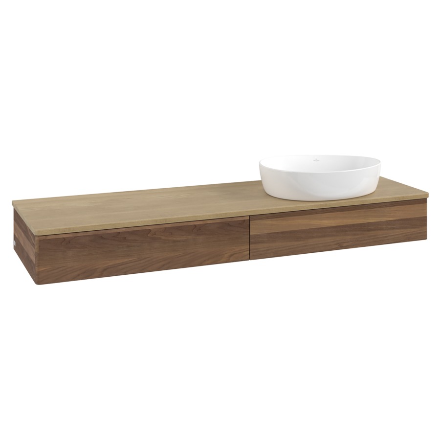 Élément inférieur  Antao
160 x 19 x 50 cm
2&nbsp;éléments de tiroir, 1&nbsp;tiroir chacune
lavabo à droite
avec siphon gain de place
avec matériel de fixation
pour 1 lavabo à poser 234171/234172/234173
recouvrement Honey Oak
sans trou pour robinet