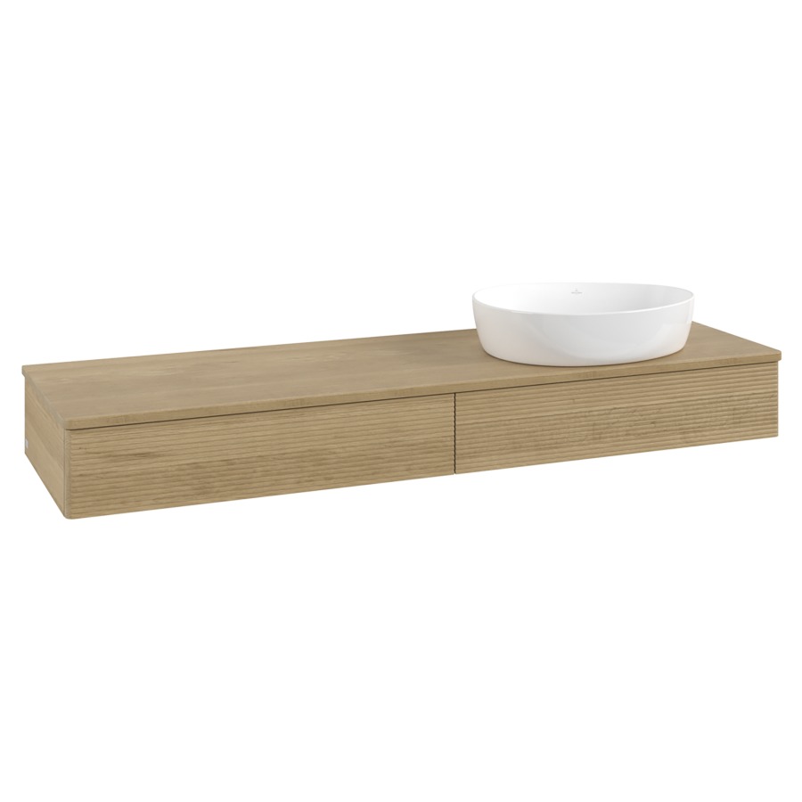 Élément inférieur  Antao
160 x 19 x 50 cm
2&nbsp;éléments de tiroir, 1&nbsp;tiroir chacune
lavabo à droite
avec siphon gain de place
avec matériel de fixation
pour 1 lavabo à poser 234171/234172/234173
recouvrement Honey Oak
sans trou pour robinet