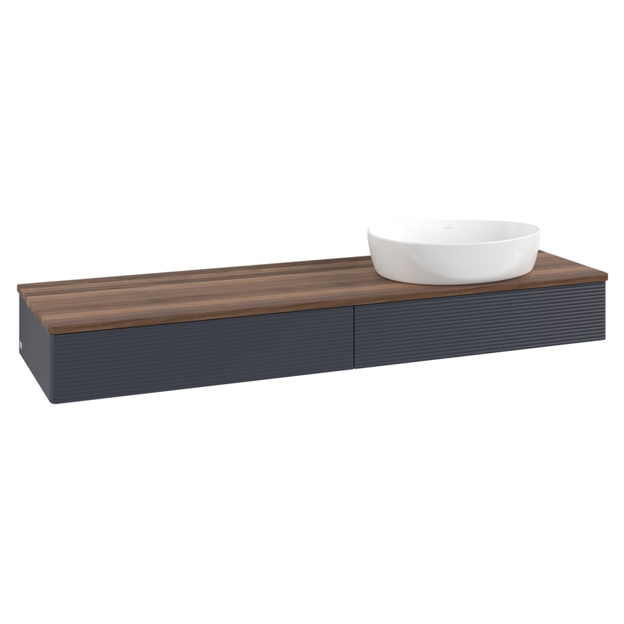Élément inférieur  Antao
160 x 19 x 50 cm
2&nbsp;éléments de tiroir, 1&nbsp;tiroir chacune
lavabo à droite
avec siphon gain de place
avec matériel de fixation
pour 1 lavabo à poser 234171/234172/234173
recouvrement Warm Walnut
sans trou pour robinet