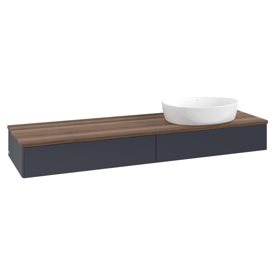 Élément inférieur  Antao
160 x 19 x 50 cm
2&nbsp;éléments de tiroir, 1&nbsp;tiroir chacune
lavabo à droite
avec siphon gain de place
avec matériel de fixation
pour 1 lavabo à poser 234171/234172/234173
recouvrement Warm Walnut
sans trou pour robinet