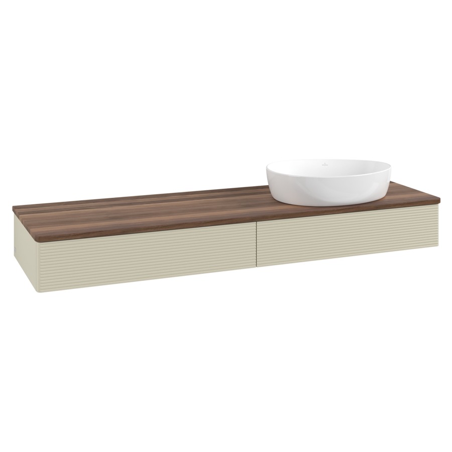 Élément inférieur  Antao
160 x 19 x 50 cm
2&nbsp;éléments de tiroir, 1&nbsp;tiroir chacune
lavabo à droite
avec siphon gain de place
avec matériel de fixation
pour 1 lavabo à poser 234171/234172/234173
recouvrement Warm Walnut
sans trou pour robinet