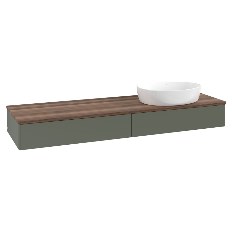 Élément inférieur  Antao
160 x 19 x 50 cm
2&nbsp;éléments de tiroir, 1&nbsp;tiroir chacune
lavabo à droite
avec siphon gain de place
avec matériel de fixation
pour 1 lavabo à poser 234171/234172/234173
recouvrement Warm Walnut
sans trou pour robinet