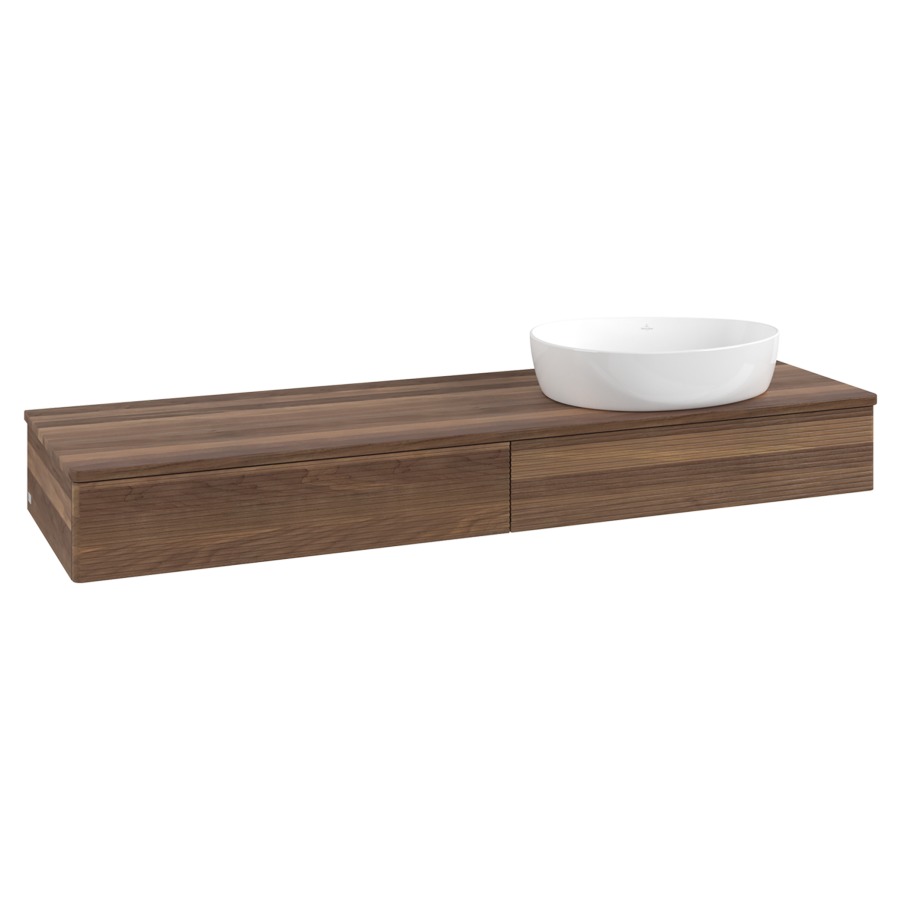 Élément inférieur  Antao
160 x 19 x 50 cm
2&nbsp;éléments de tiroir, 1&nbsp;tiroir chacune
lavabo à droite
avec siphon gain de place
avec matériel de fixation
pour 1 lavabo à poser 234171/234172/234173
recouvrement Warm Walnut
sans trou pour robinet