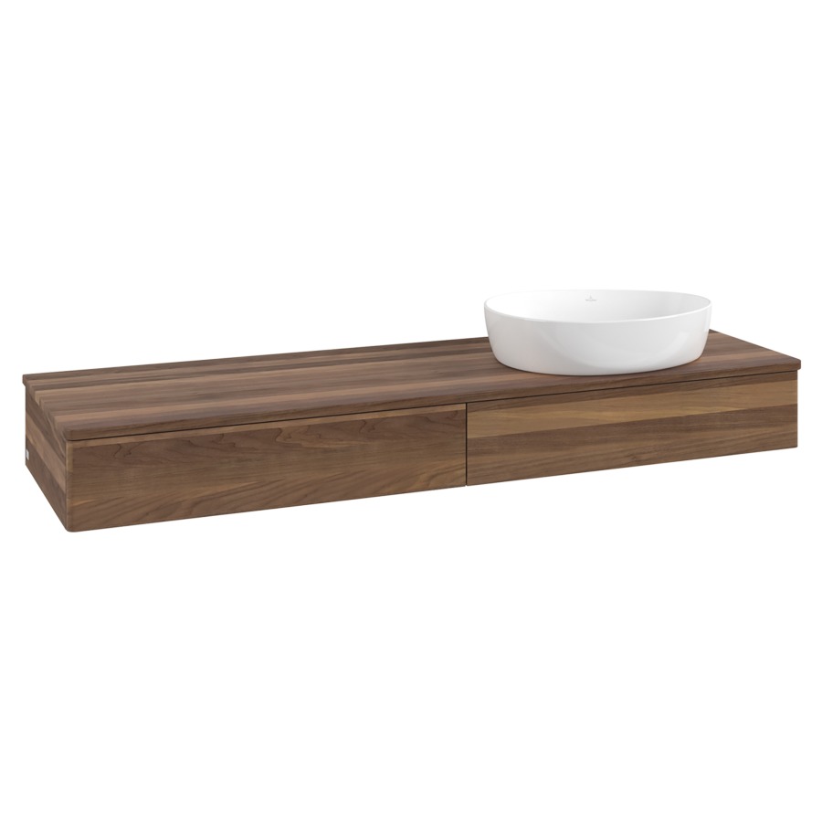 Élément inférieur  Antao
160 x 19 x 50 cm
2&nbsp;éléments de tiroir, 1&nbsp;tiroir chacune
lavabo à droite
avec siphon gain de place
avec matériel de fixation
pour 1 lavabo à poser 234171/234172/234173
recouvrement Warm Walnut
sans trou pour robinet