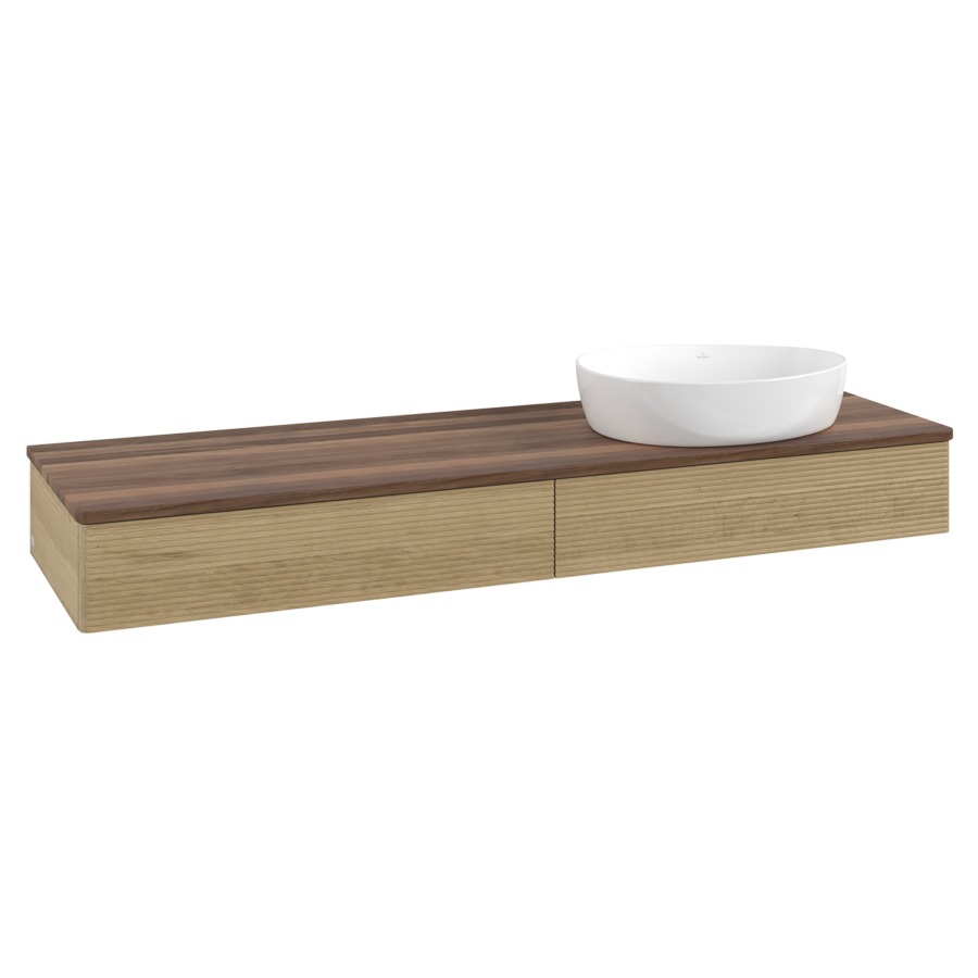 Élément inférieur  Antao
160 x 19 x 50 cm
2&nbsp;éléments de tiroir, 1&nbsp;tiroir chacune
lavabo à droite
avec siphon gain de place
avec matériel de fixation
pour 1 lavabo à poser 234171/234172/234173
recouvrement Warm Walnut
sans trou pour robinet