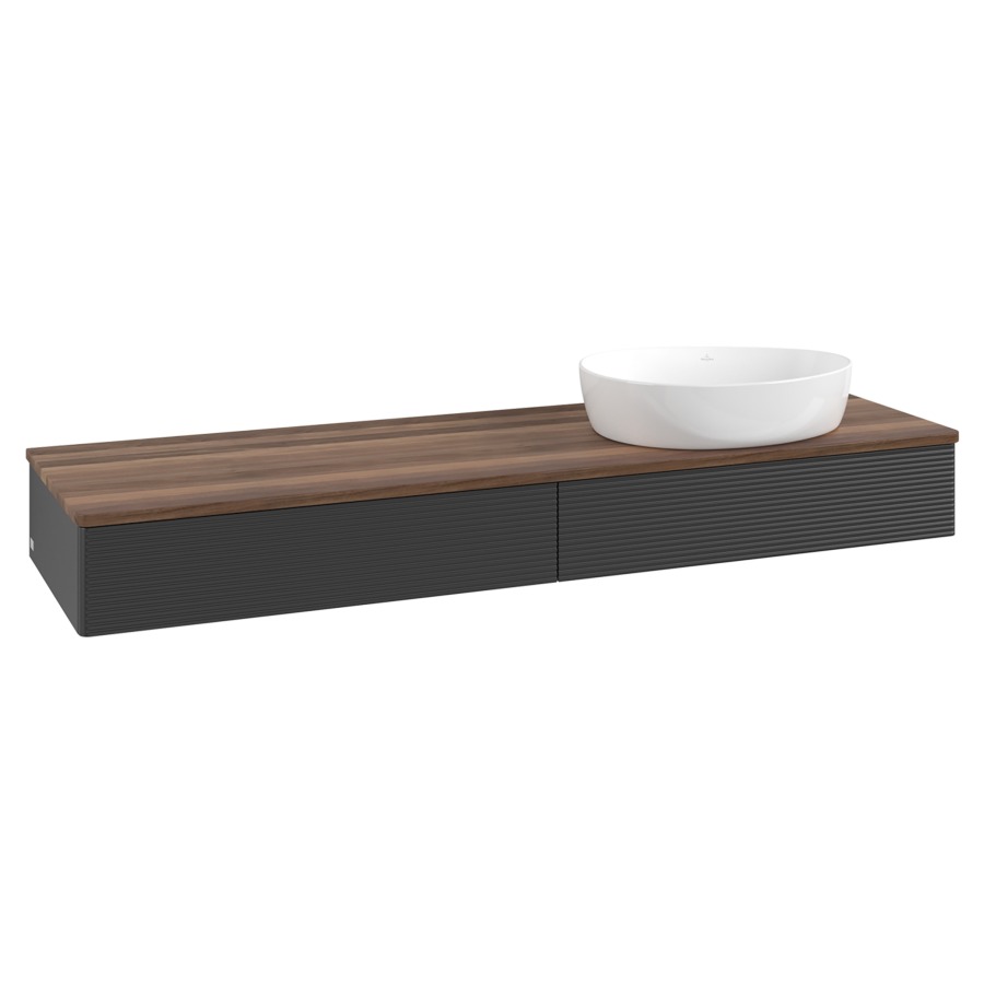 Élément inférieur  Antao
160 x 19 x 50 cm
2&nbsp;éléments de tiroir, 1&nbsp;tiroir chacune
lavabo à droite
avec siphon gain de place
avec matériel de fixation
pour 1 lavabo à poser 234171/234172/234173
recouvrement Warm Walnut
sans trou pour robinet