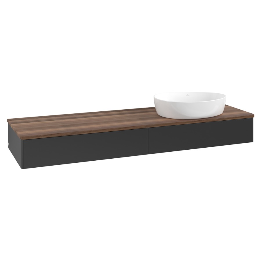 Élément inférieur  Antao
160 x 19 x 50 cm
2&nbsp;éléments de tiroir, 1&nbsp;tiroir chacune
lavabo à droite
avec siphon gain de place
avec matériel de fixation
pour 1 lavabo à poser 234171/234172/234173
recouvrement Warm Walnut
sans trou pour robinet