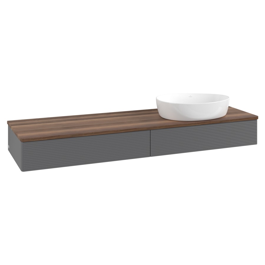 Élément inférieur  Antao
160 x 19 x 50 cm
2&nbsp;éléments de tiroir, 1&nbsp;tiroir chacune
lavabo à droite
avec siphon gain de place
avec matériel de fixation
pour 1 lavabo à poser 234171/234172/234173
recouvrement Warm Walnut
sans trou pour robinet