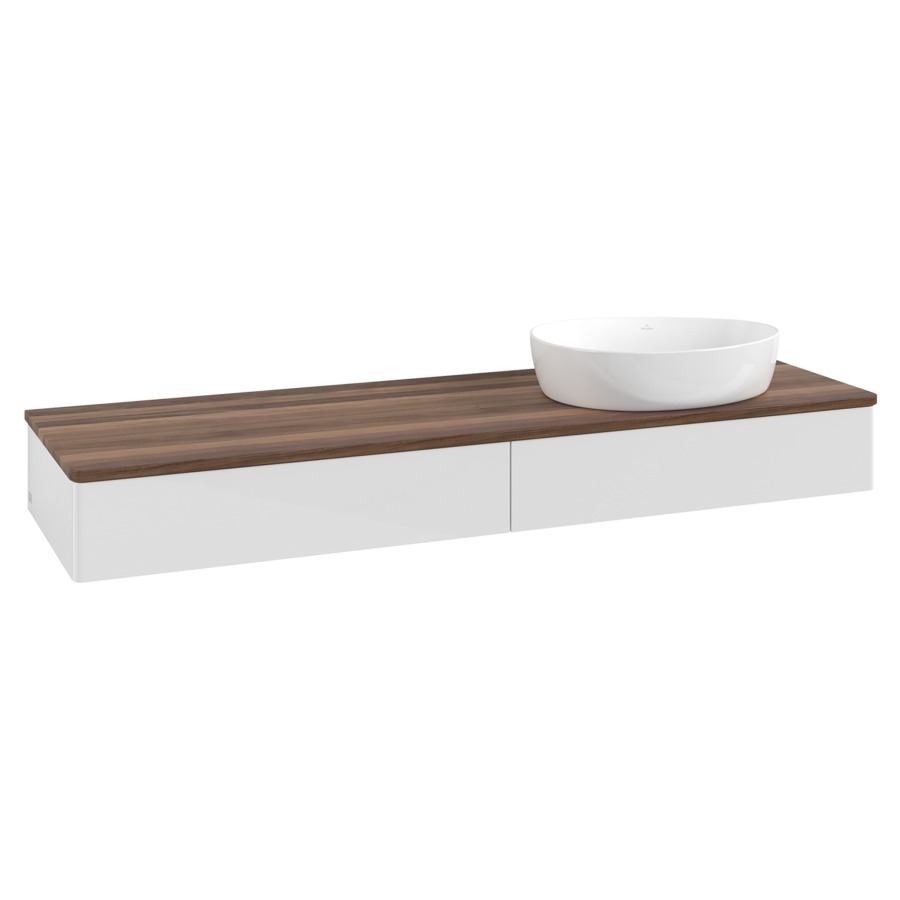 Élément inférieur  Antao
160 x 19 x 50 cm
2&nbsp;éléments de tiroir, 1&nbsp;tiroir chacune
lavabo à droite
avec siphon gain de place
avec matériel de fixation
pour 1 lavabo à poser 234171/234172/234173
recouvrement Warm Walnut
sans trou pour robinet