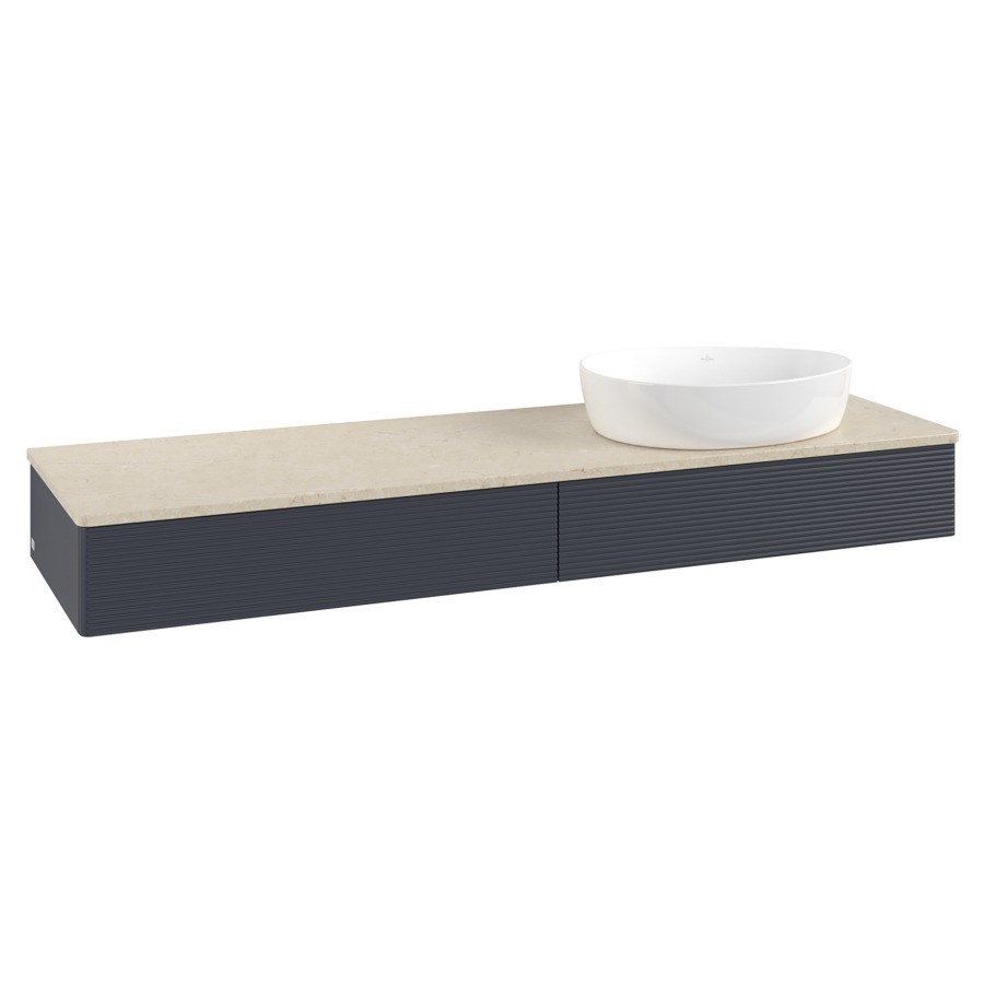 Élément inférieur  Antao
160 x 19 x 50 cm
2&nbsp;éléments de tiroir, 1&nbsp;tiroir chacune
lavabo à droite
avec siphon gain de place
avec matériel de fixation
pour 1 lavabo à poser 234171/234172/234173
recouvrement Botticino
sans trou pour robinet
