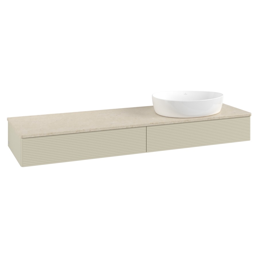 Élément inférieur  Antao
160 x 19 x 50 cm
2&nbsp;éléments de tiroir, 1&nbsp;tiroir chacune
lavabo à droite
avec siphon gain de place
avec matériel de fixation
pour 1 lavabo à poser 234171/234172/234173
recouvrement Botticino
sans trou pour robinet