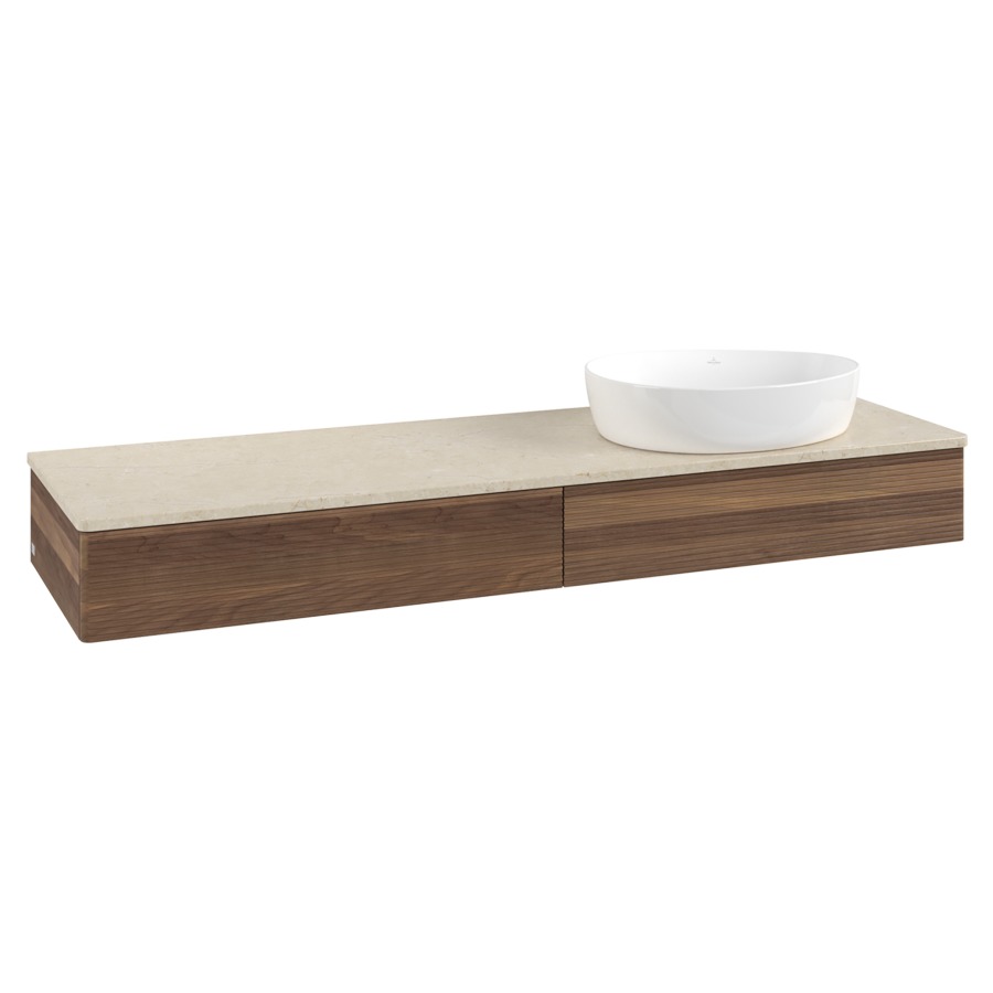 Élément inférieur  Antao
160 x 19 x 50 cm
2&nbsp;éléments de tiroir, 1&nbsp;tiroir chacune
lavabo à droite
avec siphon gain de place
avec matériel de fixation
pour 1 lavabo à poser 234171/234172/234173
recouvrement Botticino
sans trou pour robinet