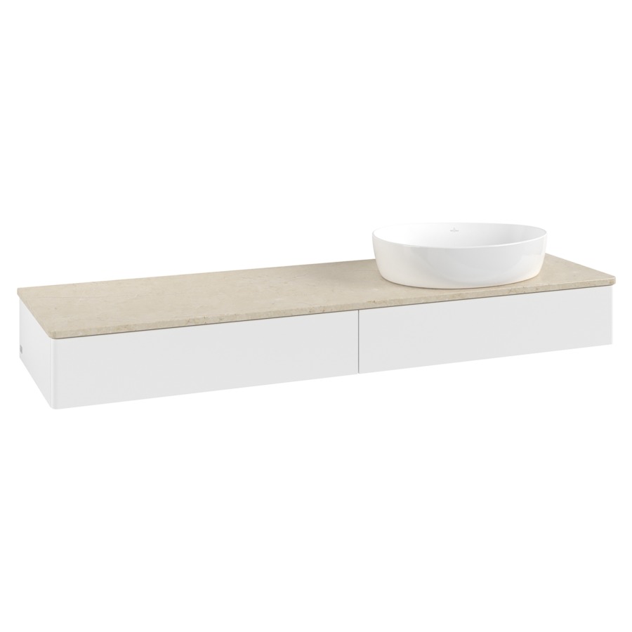 Élément inférieur  Antao
160 x 19 x 50 cm
2&nbsp;éléments de tiroir, 1&nbsp;tiroir chacune
lavabo à droite
avec siphon gain de place
avec matériel de fixation
pour 1 lavabo à poser 234171/234172/234173
recouvrement Botticino
sans trou pour robinet