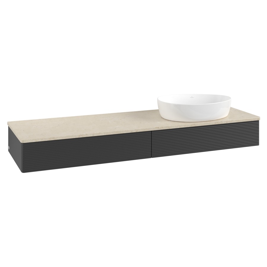 Élément inférieur  Antao
160 x 19 x 50 cm
2&nbsp;éléments de tiroir, 1&nbsp;tiroir chacune
lavabo à droite
avec siphon gain de place
avec matériel de fixation
pour 1 lavabo à poser 234171/234172/234173
recouvrement Botticino
sans trou pour robinet