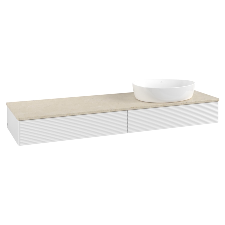 Élément inférieur  Antao
160 x 19 x 50 cm
2&nbsp;éléments de tiroir, 1&nbsp;tiroir chacune
lavabo à droite
avec siphon gain de place
avec matériel de fixation
pour 1 lavabo à poser 234171/234172/234173
recouvrement Botticino
sans trou pour robinet