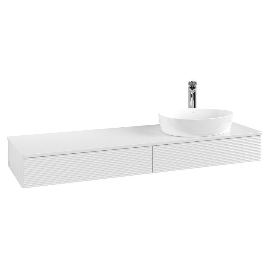 Élément inférieur  Antao
160 x 19 x 50 cm
2&nbsp;éléments de tiroir, 1&nbsp;tiroir chacune
lavabo à droite
avec siphon gain de place
avec matériel de fixation
pour 1 lavabo à poser 101037/101039/234171
recouvrement avec trou pour robinet