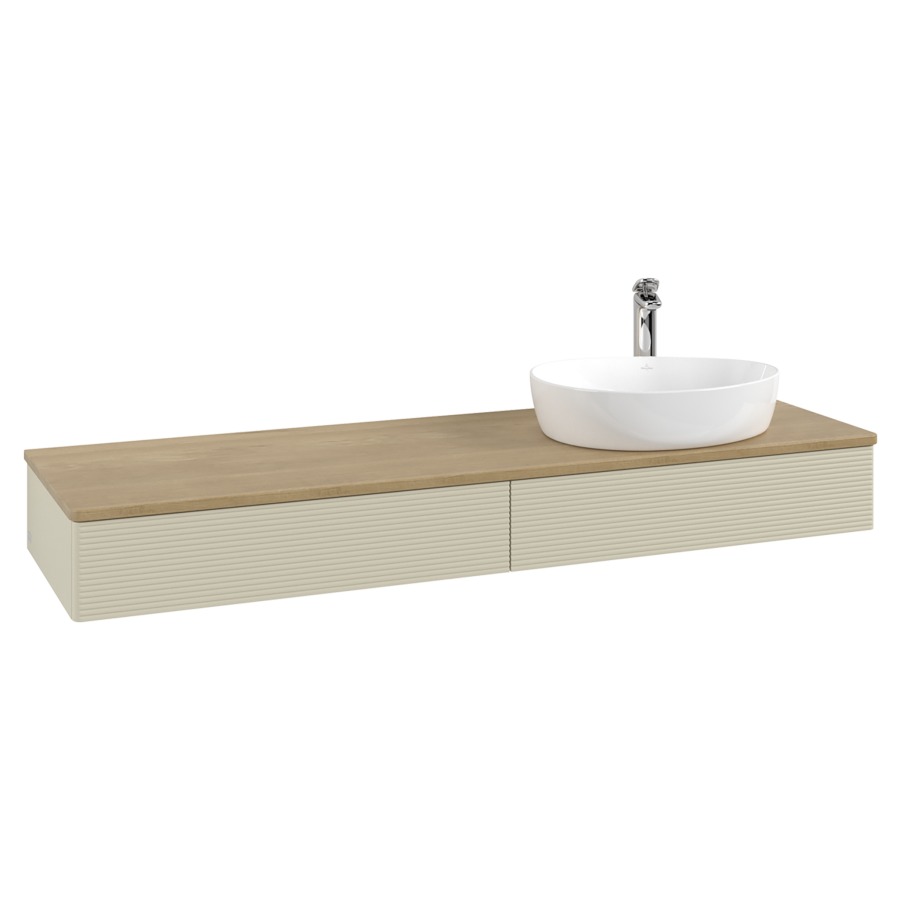 Élément inférieur  Antao
160 x 19 x 50 cm
2&nbsp;éléments de tiroir, 1&nbsp;tiroir chacune
lavabo à droite
avec siphon gain de place
avec matériel de fixation
pour 1 lavabo à poser 101037/101039/234171
recouvrement Honey Oak, 1 trou pour robinet