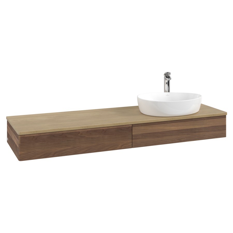 Élément inférieur  Antao
160 x 19 x 50 cm
2&nbsp;éléments de tiroir, 1&nbsp;tiroir chacune
lavabo à droite
avec siphon gain de place
avec matériel de fixation
pour 1 lavabo à poser 101037/101039/234171
recouvrement Honey Oak, 1 trou pour robinet
