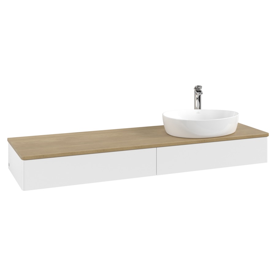 Élément inférieur  Antao
160 x 19 x 50 cm
2&nbsp;éléments de tiroir, 1&nbsp;tiroir chacune
lavabo à droite
avec siphon gain de place
avec matériel de fixation
pour 1 lavabo à poser 101037/101039/234171
recouvrement Honey Oak, 1 trou pour robinet