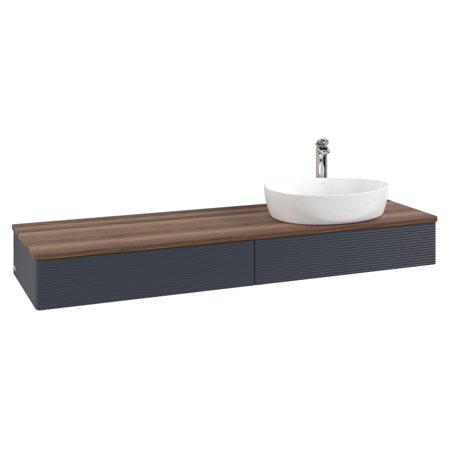 Élément inférieur  Antao
160 x 19 x 50 cm
2&nbsp;éléments de tiroir, 1&nbsp;tiroir chacune
lavabo à droite
avec siphon gain de place
avec matériel de fixation
pour 1 lavabo à poser 101037/101039/234171
recouvrement Warm Walnut, 1 trou pour robinet