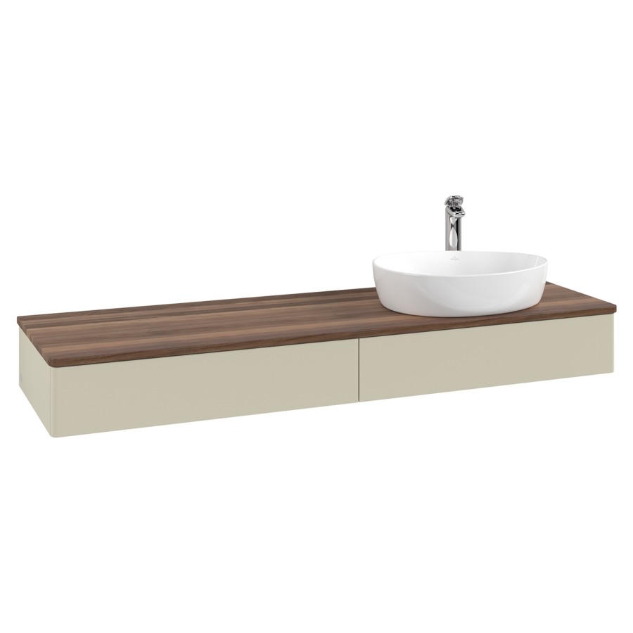 Élément inférieur  Antao
160 x 19 x 50 cm
2&nbsp;éléments de tiroir, 1&nbsp;tiroir chacune
lavabo à droite
avec siphon gain de place
avec matériel de fixation
pour 1 lavabo à poser 101037/101039/234171
recouvrement Warm Walnut, 1 trou pour robinet