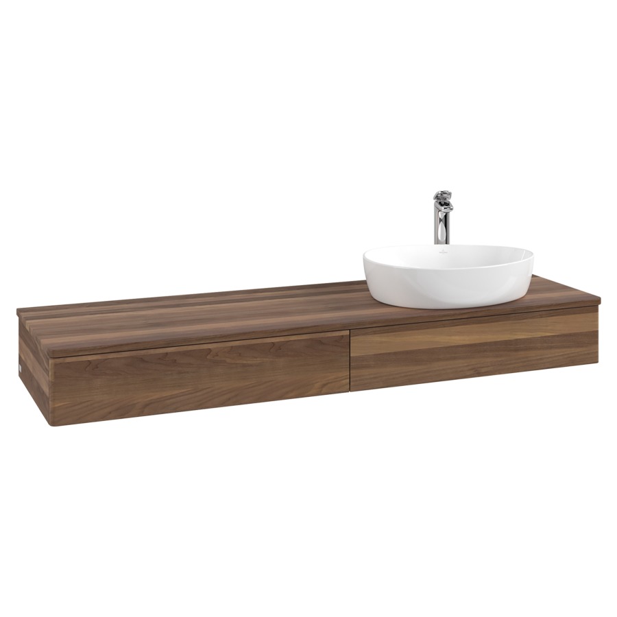 Élément inférieur  Antao
160 x 19 x 50 cm
2&nbsp;éléments de tiroir, 1&nbsp;tiroir chacune
lavabo à droite
avec siphon gain de place
avec matériel de fixation
pour 1 lavabo à poser 101037/101039/234171
recouvrement Warm Walnut, 1 trou pour robinet
