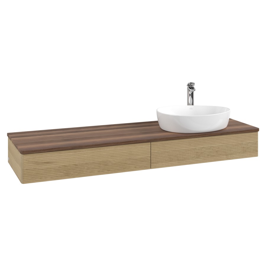 Élément inférieur  Antao
160 x 19 x 50 cm
2&nbsp;éléments de tiroir, 1&nbsp;tiroir chacune
lavabo à droite
avec siphon gain de place
avec matériel de fixation
pour 1 lavabo à poser 101037/101039/234171
recouvrement Warm Walnut, 1 trou pour robinet