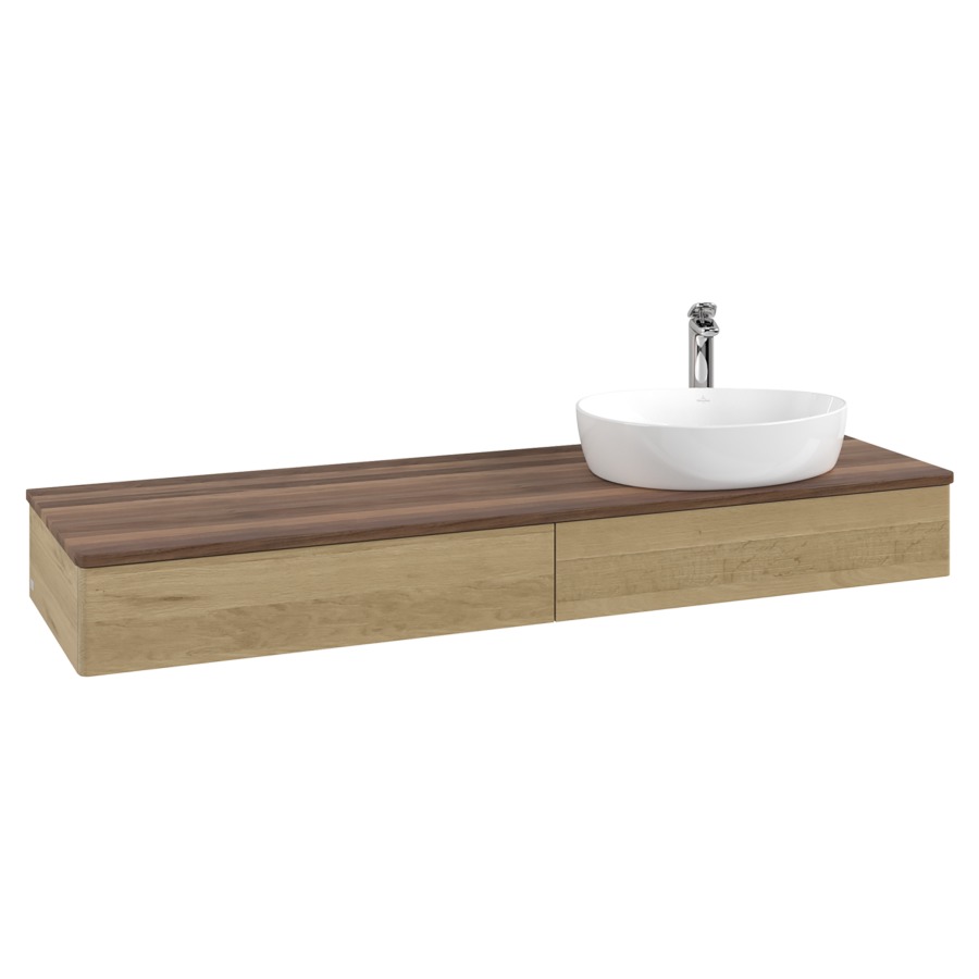 Élément inférieur  Antao
160 x 19 x 50 cm
2&nbsp;éléments de tiroir, 1&nbsp;tiroir chacune
lavabo à droite
avec siphon gain de place
avec matériel de fixation
pour 1 lavabo à poser 101037/101039/234171
recouvrement Warm Walnut, 1 trou pour robinet