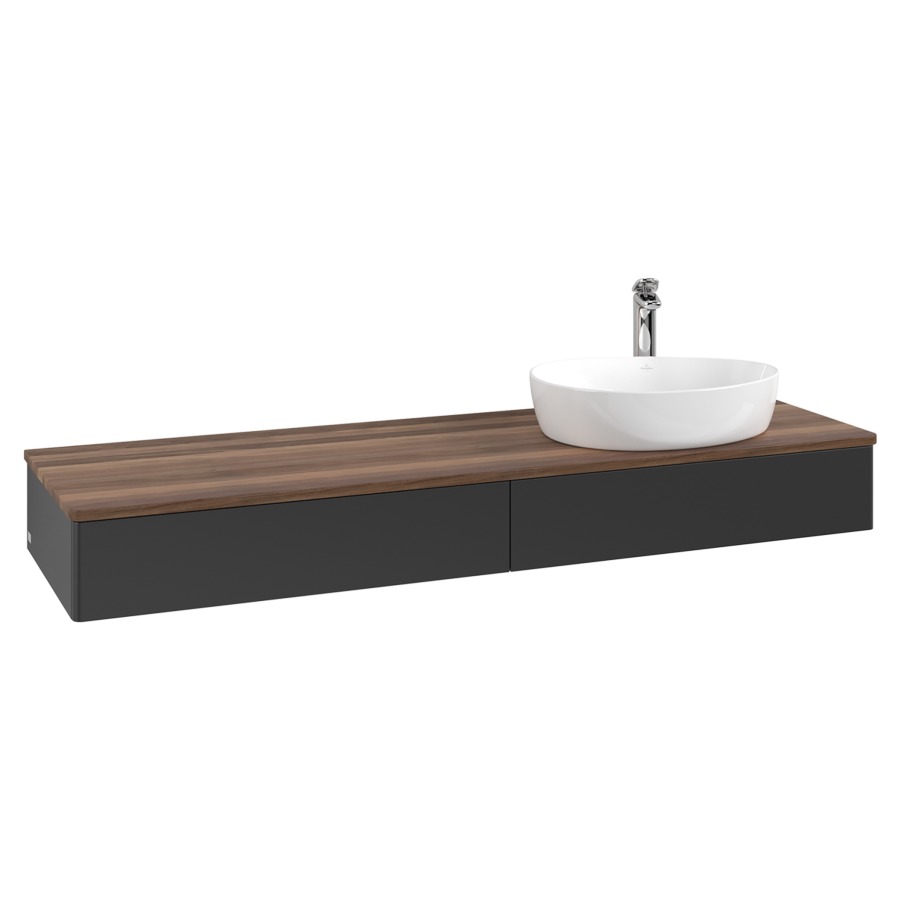 Élément inférieur  Antao
160 x 19 x 50 cm
2&nbsp;éléments de tiroir, 1&nbsp;tiroir chacune
lavabo à droite
avec siphon gain de place
avec matériel de fixation
pour 1 lavabo à poser 101037/101039/234171
recouvrement Warm Walnut, 1 trou pour robinet
