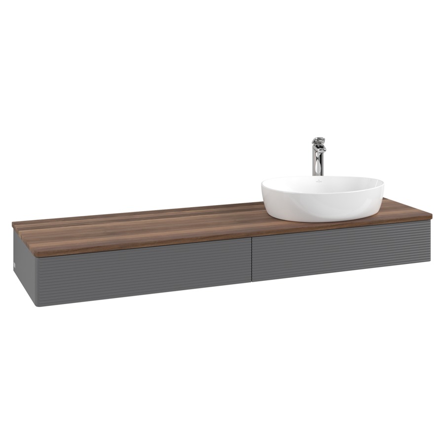 Élément inférieur  Antao
160 x 19 x 50 cm
2&nbsp;éléments de tiroir, 1&nbsp;tiroir chacune
lavabo à droite
avec siphon gain de place
avec matériel de fixation
pour 1 lavabo à poser 101037/101039/234171
recouvrement Warm Walnut, 1 trou pour robinet