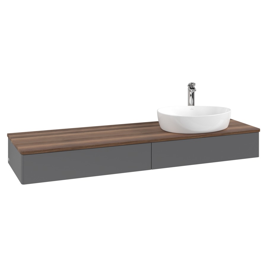 Élément inférieur  Antao
160 x 19 x 50 cm
2&nbsp;éléments de tiroir, 1&nbsp;tiroir chacune
lavabo à droite
avec siphon gain de place
avec matériel de fixation
pour 1 lavabo à poser 101037/101039/234171
recouvrement Warm Walnut, 1 trou pour robinet