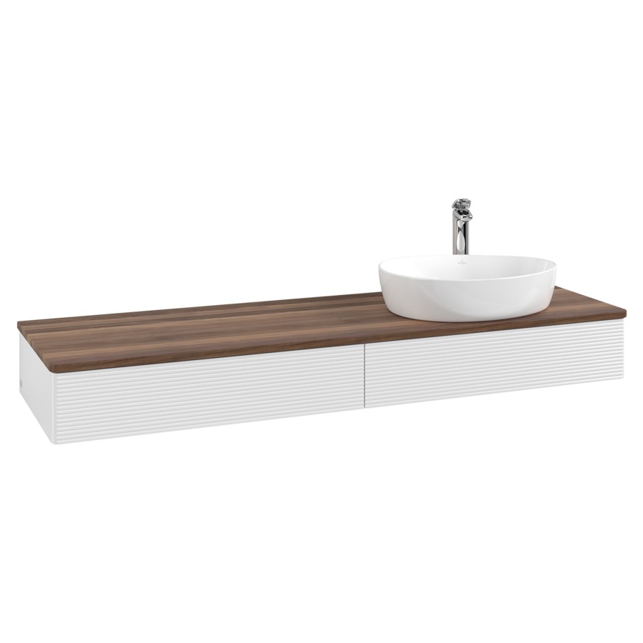 Élément inférieur  Antao
160 x 19 x 50 cm
2&nbsp;éléments de tiroir, 1&nbsp;tiroir chacune
lavabo à droite
avec siphon gain de place
avec matériel de fixation
pour 1 lavabo à poser 101037/101039/234171
recouvrement Warm Walnut, 1 trou pour robinet