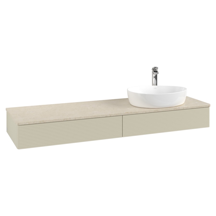 Élément inférieur  Antao
160 x 19 x 50 cm
2&nbsp;éléments de tiroir, 1&nbsp;tiroir chacune
lavabo à droite
avec siphon gain de place
avec matériel de fixation
pour 1 lavabo à poser 101037/101039/234171
recouvrement Botticino, 1 trou pour robinet