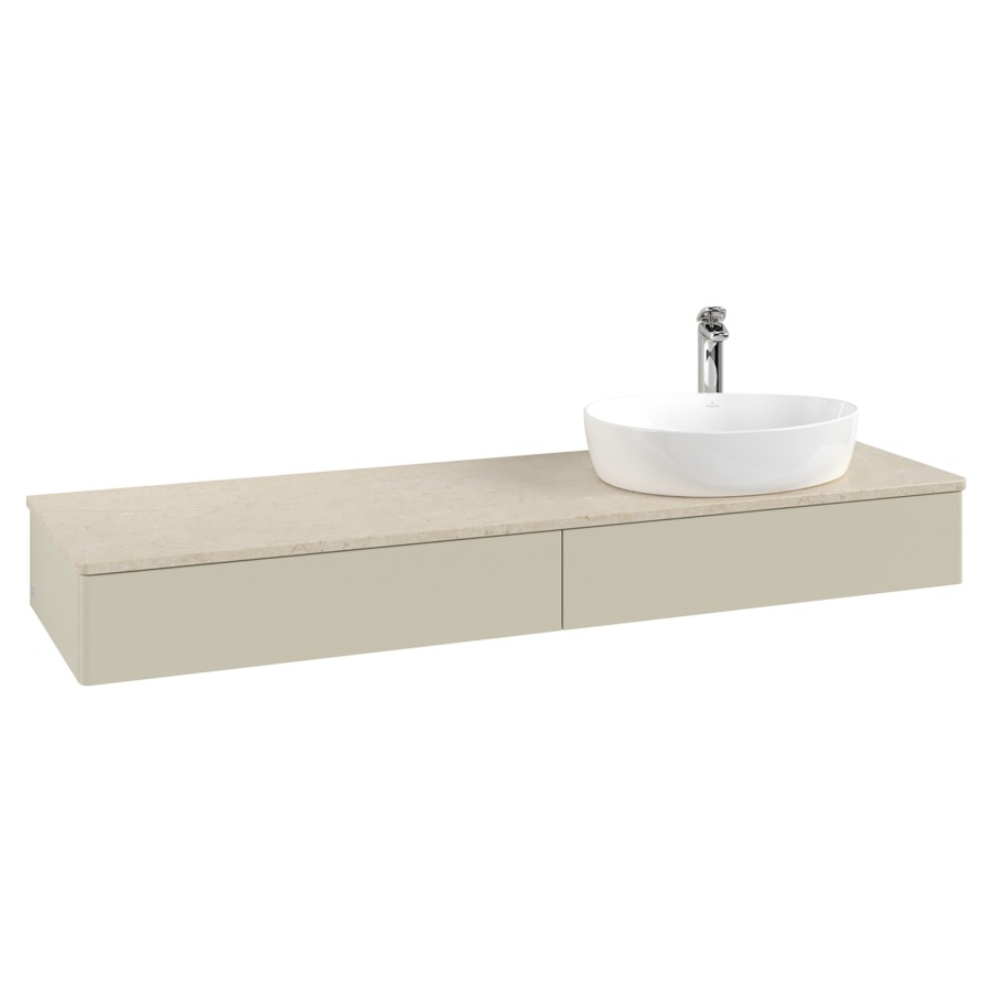 Élément inférieur  Antao
160 x 19 x 50 cm
2&nbsp;éléments de tiroir, 1&nbsp;tiroir chacune
lavabo à droite
avec siphon gain de place
avec matériel de fixation
pour 1 lavabo à poser 101037/101039/234171
recouvrement Botticino, 1 trou pour robinet