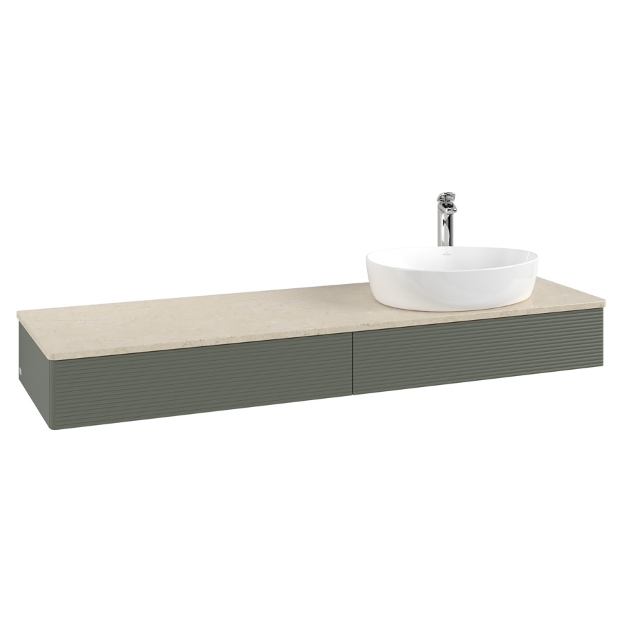 Élément inférieur  Antao
160 x 19 x 50 cm
2&nbsp;éléments de tiroir, 1&nbsp;tiroir chacune
lavabo à droite
avec siphon gain de place
avec matériel de fixation
pour 1 lavabo à poser 101037/101039/234171
recouvrement Botticino, 1 trou pour robinet