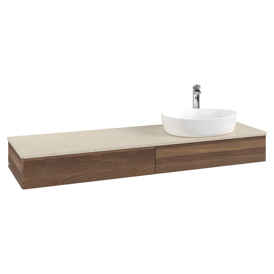 Élément inférieur  Antao
160 x 19 x 50 cm
2&nbsp;éléments de tiroir, 1&nbsp;tiroir chacune
lavabo à droite
avec siphon gain de place
avec matériel de fixation
pour 1 lavabo à poser 101037/101039/234171
recouvrement Botticino, 1 trou pour robinet