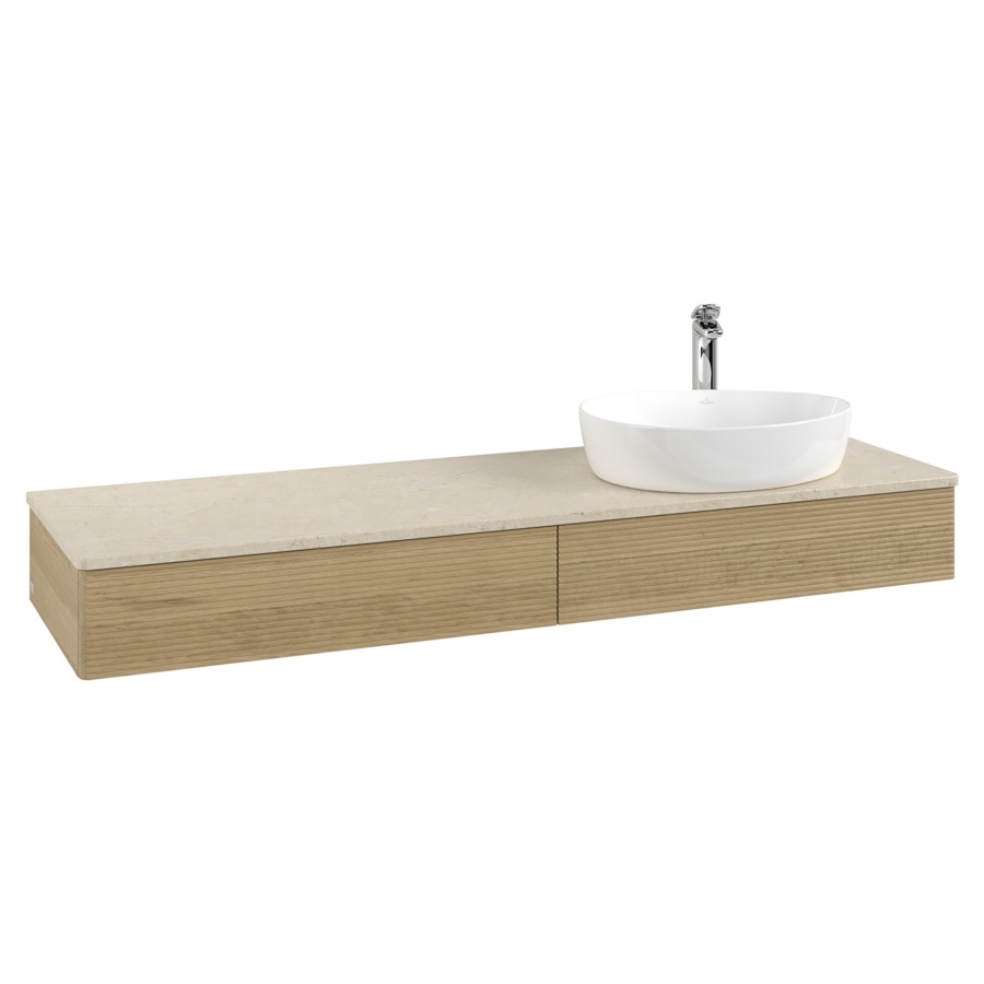 Élément inférieur  Antao
160 x 19 x 50 cm
2&nbsp;éléments de tiroir, 1&nbsp;tiroir chacune
lavabo à droite
avec siphon gain de place
avec matériel de fixation
pour 1 lavabo à poser 101037/101039/234171
recouvrement Botticino, 1 trou pour robinet