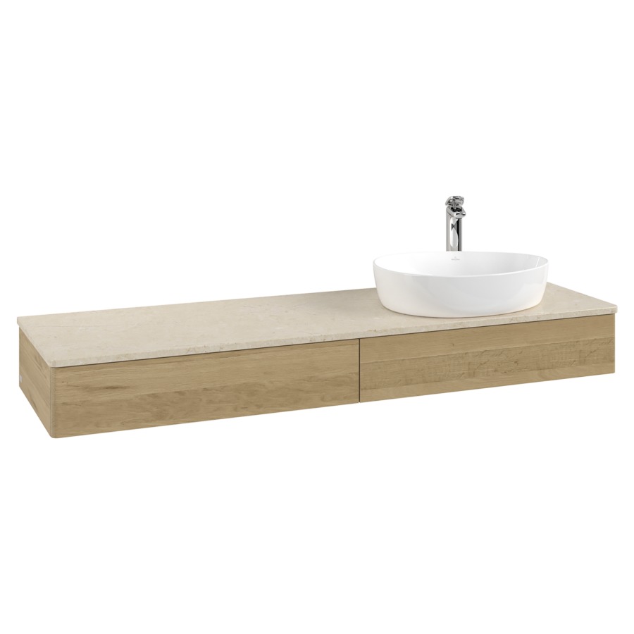 Élément inférieur  Antao
160 x 19 x 50 cm
2&nbsp;éléments de tiroir, 1&nbsp;tiroir chacune
lavabo à droite
avec siphon gain de place
avec matériel de fixation
pour 1 lavabo à poser 101037/101039/234171
recouvrement Botticino, 1 trou pour robinet