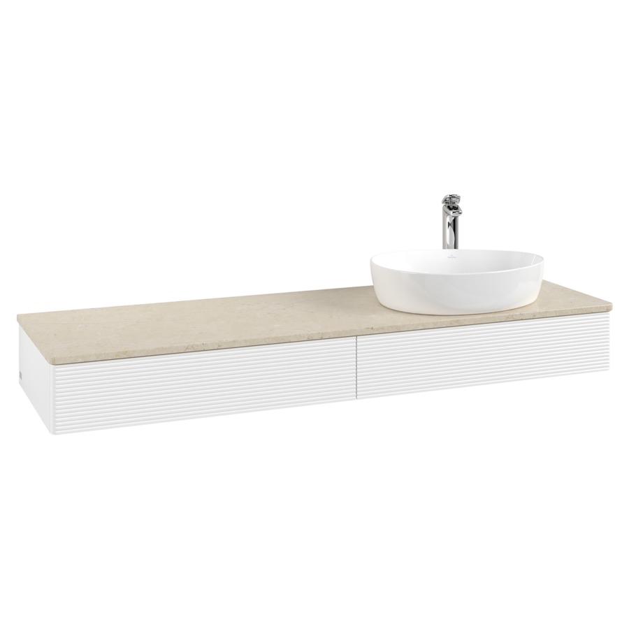 Élément inférieur  Antao
160 x 19 x 50 cm
2&nbsp;éléments de tiroir, 1&nbsp;tiroir chacune
lavabo à droite
avec siphon gain de place
avec matériel de fixation
pour 1 lavabo à poser 101037/101039/234171
recouvrement Botticino, 1 trou pour robinet